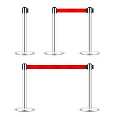 Realistic vector retractable belt stanchion. Crowd control barrier posts with caution strap. Queue lines. Restriction border and danger tape.