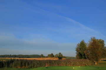 Fototapeta premium Partly golf course and farm land. Swedish countryside. Nice summer photo with sunlight in the air. Vallentuna, Stockholm, Sweden, Scandinavia, Europe.