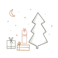 Hand drawn vector illustration with pine tree and moon. Festive card with doodle line art winter symbols. Flat simple composition for Christmas design, winter holidays. Trendy retro illustration