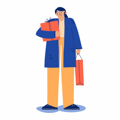 hand drawn girl holding a gift in her hand. young woman in a warm sweater smiles. vector illustration isolated on white background.