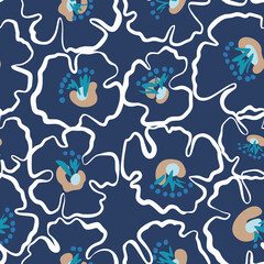 Floral ornament. Botanical seamless pattern with silhouettes of flower buds. Outline drawing. Simple minimalist nature background. Good for textile and fabric.