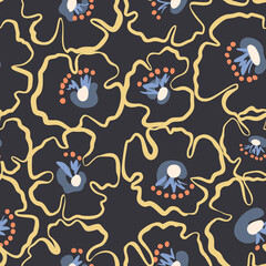 Floral ornament. Botanical seamless pattern with silhouettes of flower buds. Outline drawing. Simple minimalist nature background. Good for textile and fabric.