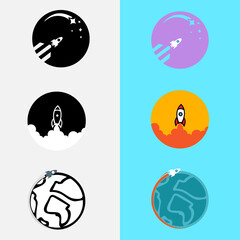 rocket logo design template.Rocket takes off from the surface of the moon or another planet.