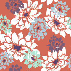 Floral seamless pattern with hand drawn Dahlia flowers. Bright vector floral background. Flat drawing in modern style. Botanical trendy ornament. Summer motif.