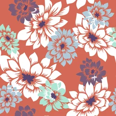 Gordijnen Floral seamless pattern with hand drawn Dahlia flowers. Bright vector floral background. Flat drawing in modern style. Botanical trendy ornament. Summer motif. © Galakam