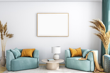 Mockup frame horizontal A4 in farmhouse style ,3d render	