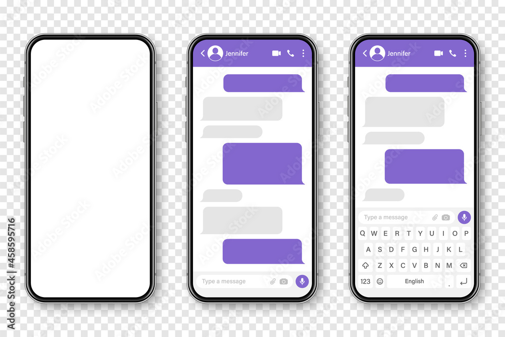 Wall mural realistic smartphone with messaging app. blank sms text frame. conversation chat screen with violet 