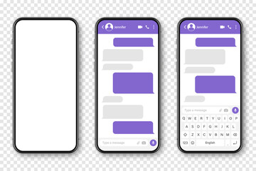 Realistic smartphone with messaging app. Blank SMS text frame. Conversation chat screen with violet message bubbles. Social media application. Vector illustration.