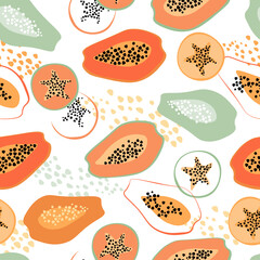 Contemporary abstract minimalistic seamless pattern with a fun bright papaya. Vegetarian, kitchen decoration, fabric, textiles. A healthy tropical exotic fruit. Vector graphics.