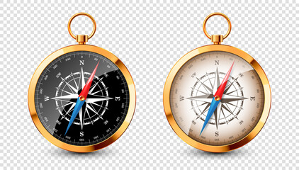 Realistic golden vintage compass with marine wind rose and cardinal directions of North, East, South, West. Shiny metal navigational compass. Cartography and navigation. Vector illustration.
