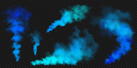 Realistic blue colorful smoke clouds, mist effect. Colored fog on dark background. Vapor in air, steam flow. Vector illustration. © 32 pixels