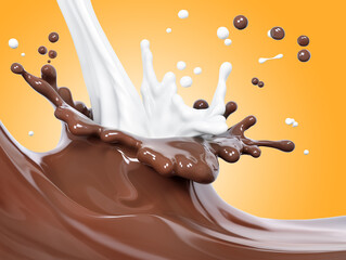 Splash chocolate and milk, chocolate and creamy, coffee with milk illustration  3d rendering