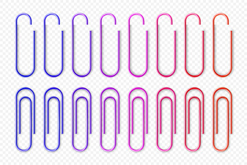 Realistic colorful metal paper clips on checkered background. Page holder, binder. Vector illustration.
