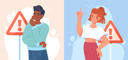 Set with male and female characters standing next to exclamation point on colorful background. People near exclamation mark. Concept of error, warning, limitation. Flat cartoon vector illustration