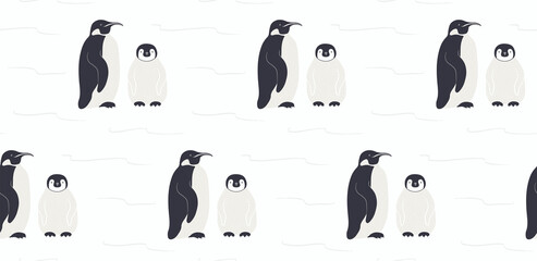 Cute emperor penguin with chick winter seamless pattern on white background. Hand drawn vector illustration. Antarctic wildlife. Design concept for kids textile, fashion print, wallpaper, packaging.