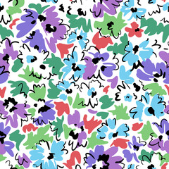Bright floral seamless pattern. Outline contour lines forming stylized blooming daisy flowers. Simple geometric shapes as curved lines and brush strokes. Sketch drawing. Flowers all over print.