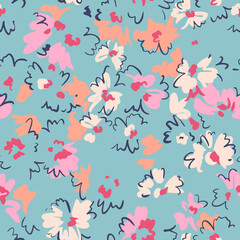 Spring floral seamless pattern. Outline contour lines forming stylized blooming daisy flowers. Simple geometric shapes as curved lines and brush strokes. Sketch drawing. Nature motif.