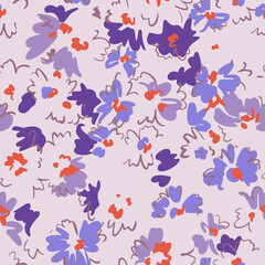 Spring floral seamless pattern. Outline contour lines forming stylized blooming daisy flowers. Simple geometric shapes as curved lines and brush strokes. Sketch drawing. Nature motif.