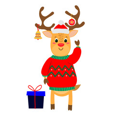 Illustration of  cute Сhristmas deer in knitted sweater with gift