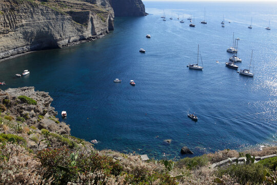 Elevated view of Pollara bay and Faraglione Rock, Salina, Aeolian islands, Sicily, Italy