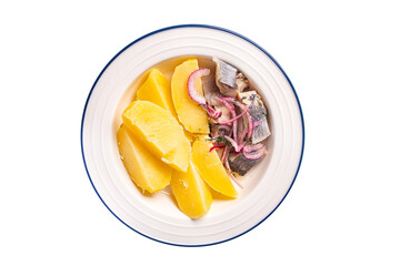 herring and potatoes boiled vegetable second course marinated fish onion fresh ready to eat meal snack on the table copy space food background 
