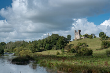 Dunmoe castle ruins on the hill over river Boyne. Navan, Co. Meath, Ireland. September 19, 2021
