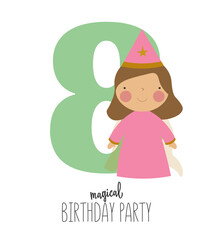 Vector illustration in cartoon style with a cute princess and the number 8. It can be used as a birthday card, poster, banner.
