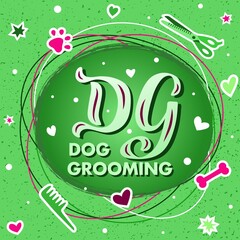 Hand drawn vector logo with color lettering on textured background Dog Grooming for signboard, pet shop, information messages, design, poster, website, sticker, business card, label, banner, template
