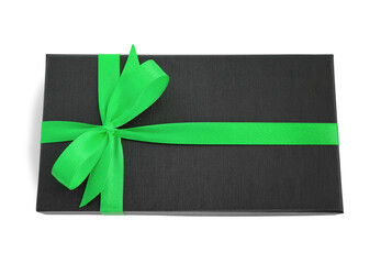 Black gift box (present) with green satin ribbon bow, isolated on white background