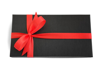 Black gift box (present) with red satin ribbon bow, isolated on white background