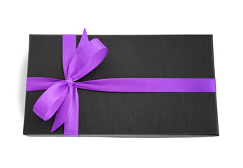 Black gift box (present) with purple satin ribbon bow, isolated on white background