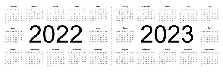 Simple editable vector calendars for year 2022 2023. Week starts from Sunday. Isolated vector illustration on white background.