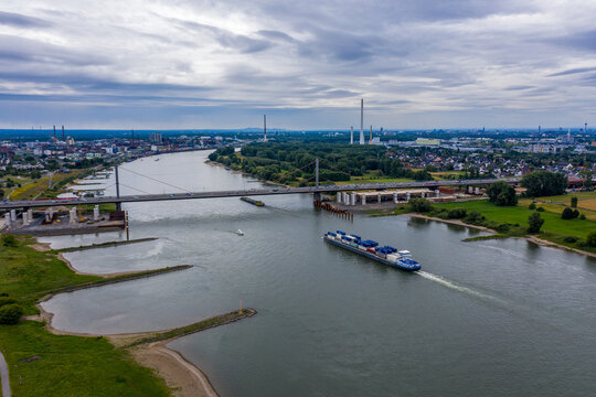 Panoramic view of the A1 motorway bridge on the Rhine near Leverkusen. Drone photography.