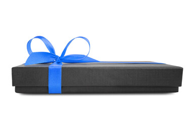 Black gift box (present) with blue satin ribbon bow, side view, isolated on white background