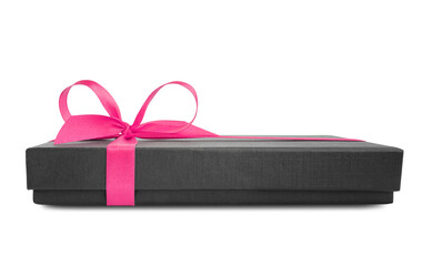 Black gift box (present) with pink satin ribbon bow, side view, isolated on white background