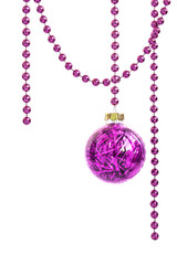 Purple glass Christmas bauble hanging on a violet bead garland, isolated on white
