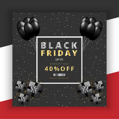 Black Friday  poster with Offer promotion in red, write and black style Premium Vector