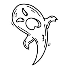 Halloween scary ghost with a face linear vector icon in doodle sketch style