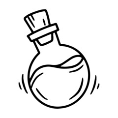 Potion or liquid in a bottle with a cork linear vector icon in doodle sketch style
