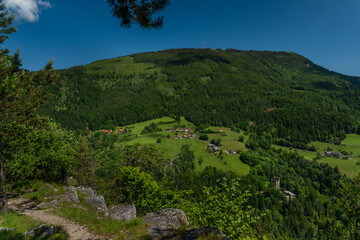 Fototapeta na wymiar Schockl hill and Ehrenfels castle near Sankt Radegund town in summer morning
