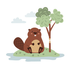 Cute cartoon beaver and tree. Vector illustration.