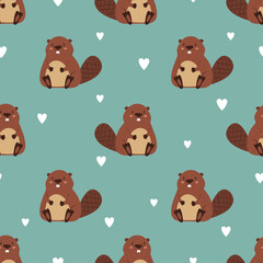 Cute beaver and heart seamless pattern. Baby print. - obrazy, fototapety, plakaty