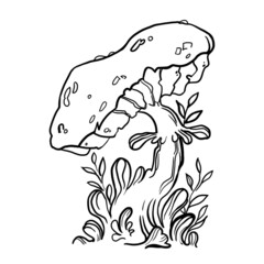 children's coloring. coloring book. tattoo. linear art. mushrooms with leaves. magic mushrooms.