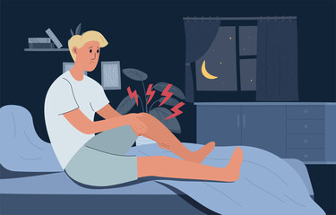 Young male character woke up in the middle of the night from strong leg pain. A man having a cramp in his bed at home. Sudden pain in the middle of the night. Flat cartoon vector illustration - obrazy, fototapety, plakaty