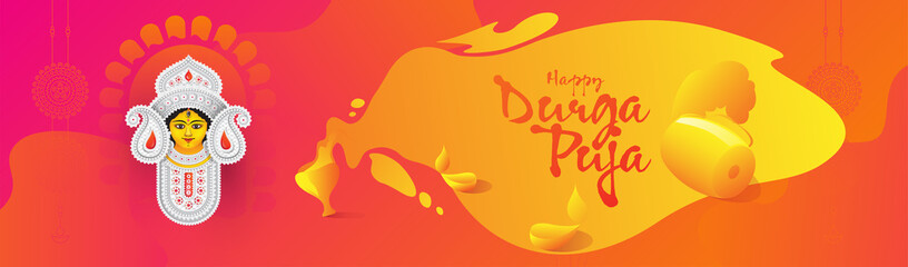 Fototapeta na wymiar Happy Durga Puja Header Banner Design Template with Goddess Durga Face Illustration