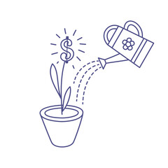 Watering plant with dollar sign in a flowerpot