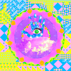 Contemporary minimal art collage. Surreal abstraction hand with eyes and sky mandala clouds. Esotericism, psychology, meditation, harmony concept