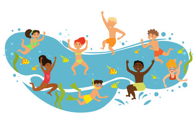 Happy diverse children are having fun diving under water together on white background. Concept of summer leisure outdoor activity for children. Flat cartoon vector illustration