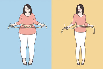 Slimming and loosing weight concept. Young sad fat woman and happy slim girl standing using waist ruler amount for measuring body vector illustration 
