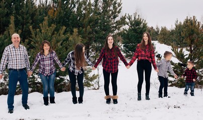 Large family. Family of seven people. Big family in checkered cups in the winter forest. Festive Christmas mood. Christmas clothes. Family outfit
